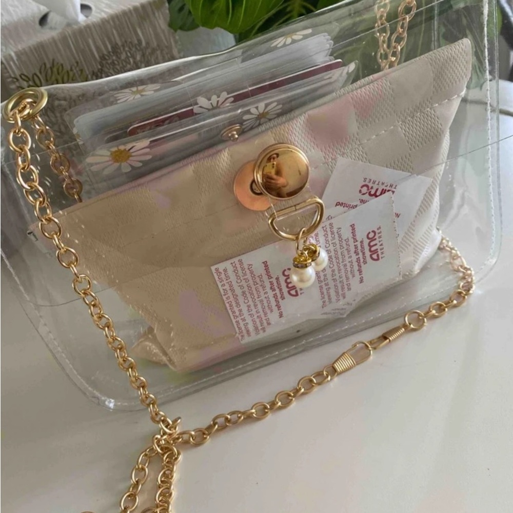 Transparent Chain Shoulder Bag pearl detail concert stadium